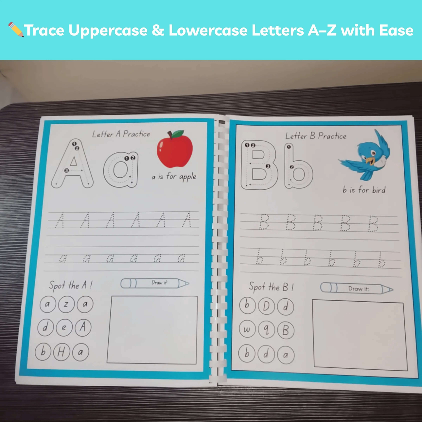Printable uppercase and lowercase alphabet tracing worksheets for kids featuring letters A and B.