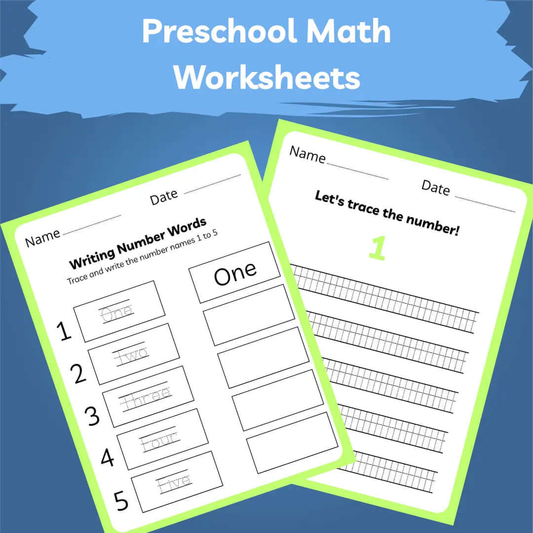 Preschool & Kindergarten Math worksheets for tracing numbers and writing number words for early math skills.