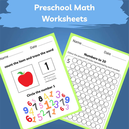 Preschool & Kindergarten Math worksheets featuring counting and tracing activities for kids.