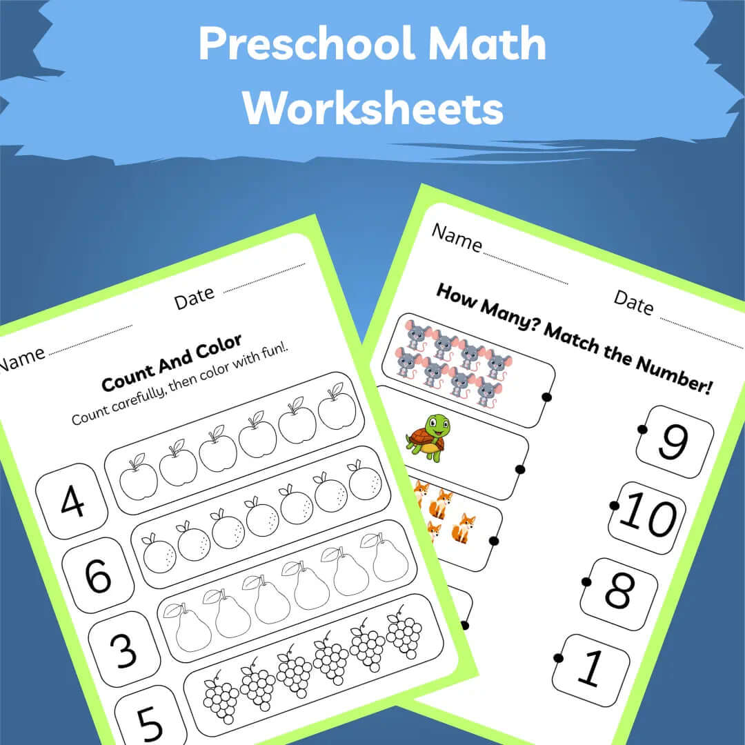 Two Preschool & Kindergarten Math Worksheets featuring counting and matching number activities for early learners.
