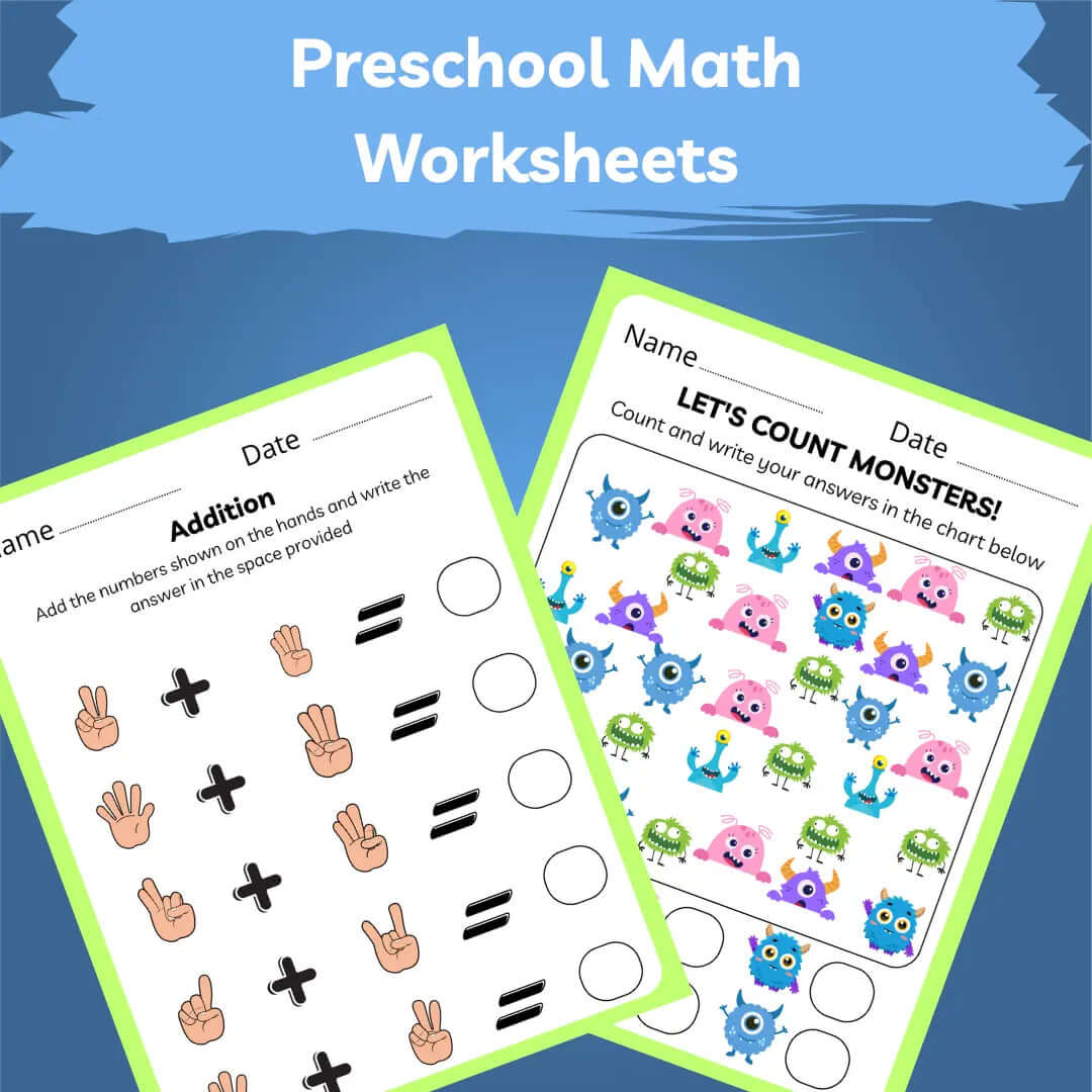 Preschool & Kindergarten Math worksheets featuring addition and counting monster activities for young learners.