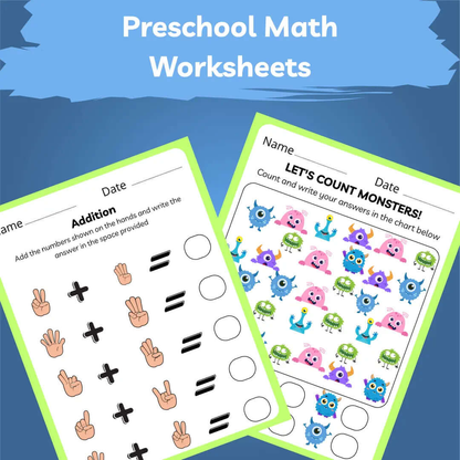 Preschool & Kindergarten Math worksheets featuring addition and counting monster activities for young learners.