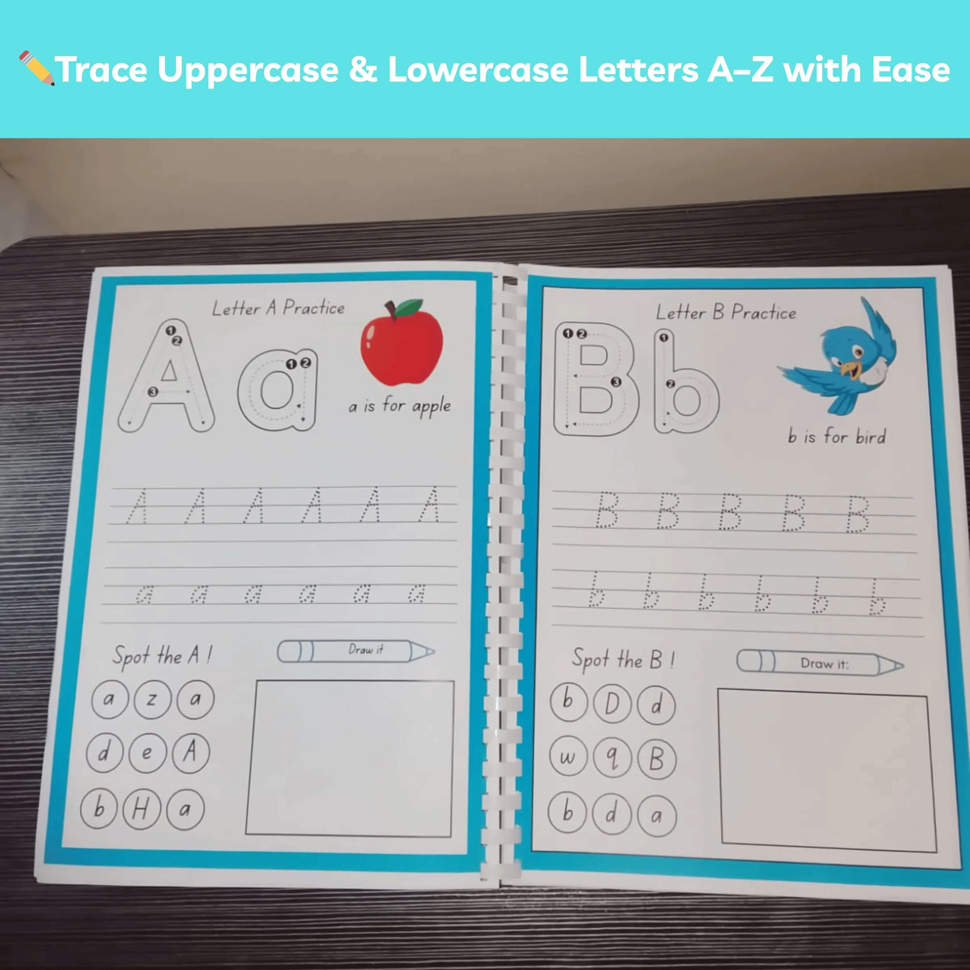 Printable uppercase and lowercase alphabet tracing worksheets for kids featuring letters A and B.