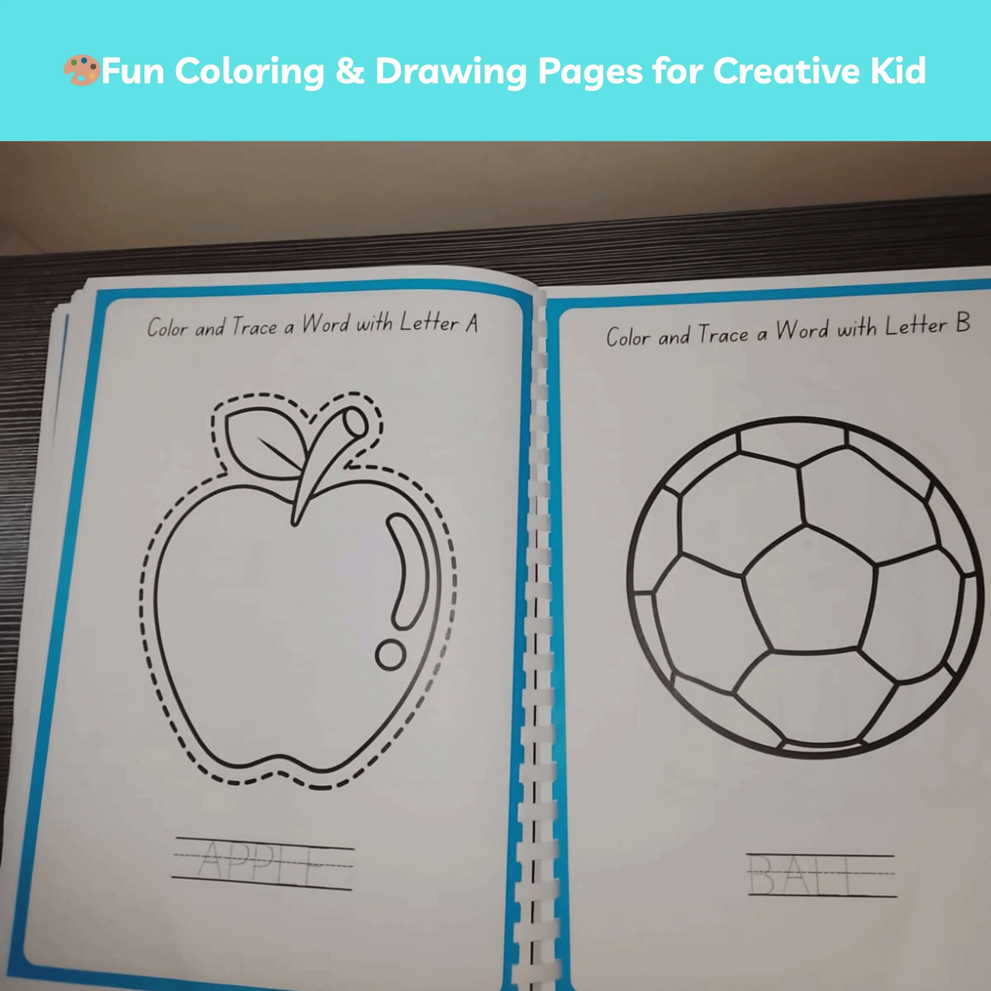 Printable coloring and drawing pages for kids featuring apple and soccer ball tracing activities.