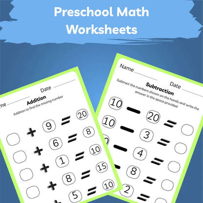 Preschool & Kindergarten Math worksheets featuring addition and subtraction activities for early learners.