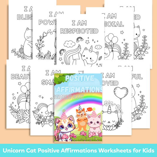 “Unicorn Cat Positive Affirmations Coloring Worksheets | 20+ Pages | Cute & Inspirational Activities for Kids & Teens | Printable PDF kidyjoy