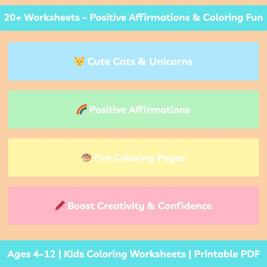 “Unicorn Cat Positive Affirmations Coloring Worksheets | 20+ Pages | Cute & Inspirational Activities for Kids & Teens | Printable PDF kidyjoy