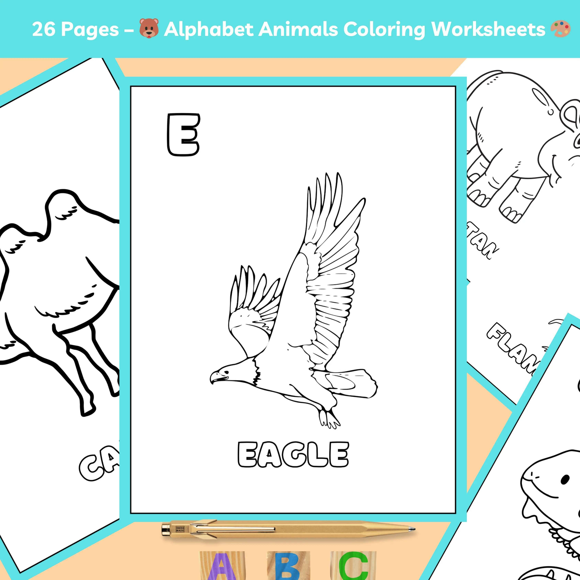 Eagle coloring worksheet from the 26 pages of alphabet animals coloring worksheets for kids.