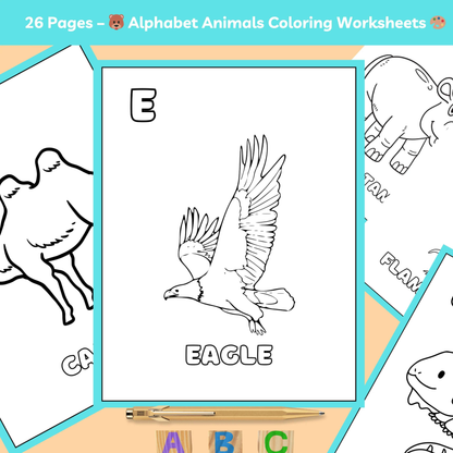 Eagle coloring worksheet from the 26 pages of alphabet animals coloring worksheets for kids.