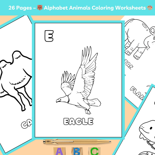 Eagle coloring worksheet from the 26 pages of alphabet animals coloring worksheets for kids.