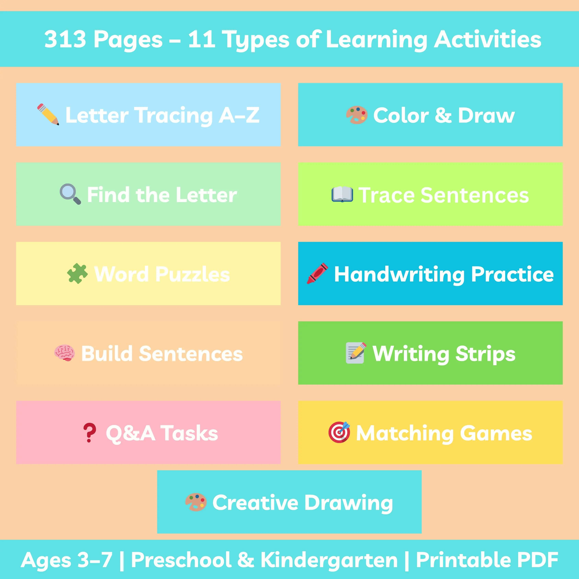 Colorful 313-page alphabet learning activity chart for kids including tracing, puzzles, and handwriting practice | Printable PDF