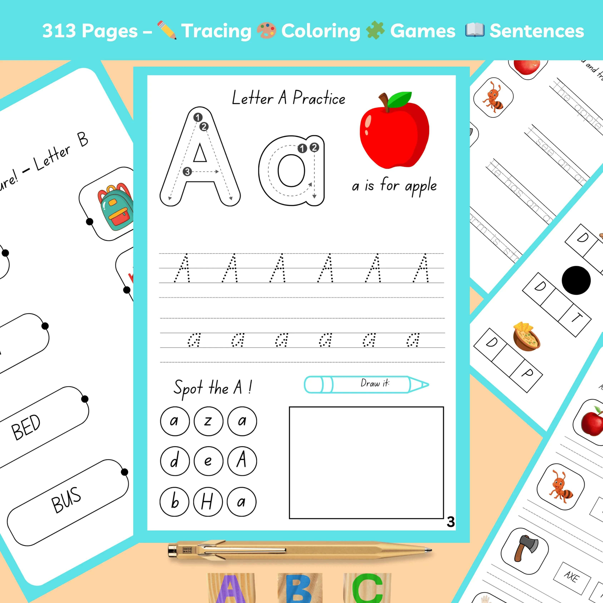 Printable Alphabet Learning Worksheets for Kids showcasing tracing, coloring, and sentence practice activities.
