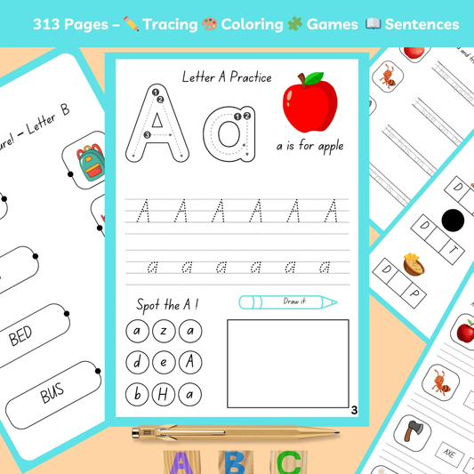 Printable Alphabet Learning Worksheets for Kids showcasing tracing, coloring, and sentence practice activities.