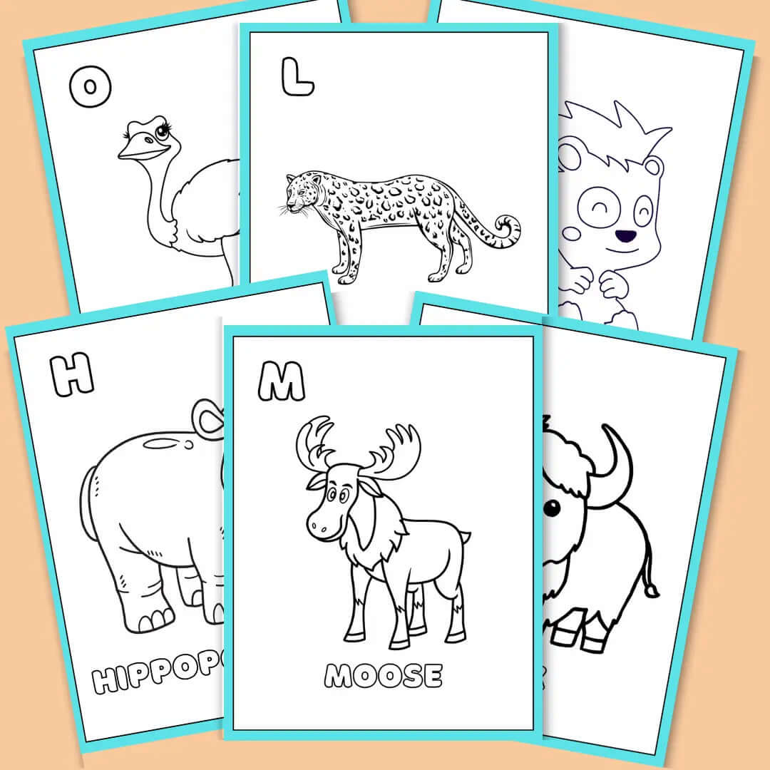 Coloring worksheets featuring animals for letters H, L, M, and O as part of alphabet animals coloring worksheets.