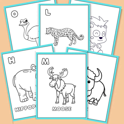 Coloring worksheets featuring animals for letters H, L, M, and O as part of alphabet animals coloring worksheets.